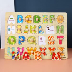 A colorful non-toxic wooden alphabet peg puzzle for toddlers, representing safe educational kids toys bd available at online toy shop bd.