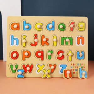 A colorful non-toxic lowercase wooden alphabet peg puzzle for toddlers, representing safe educational toys for kids available at online toy shop bd