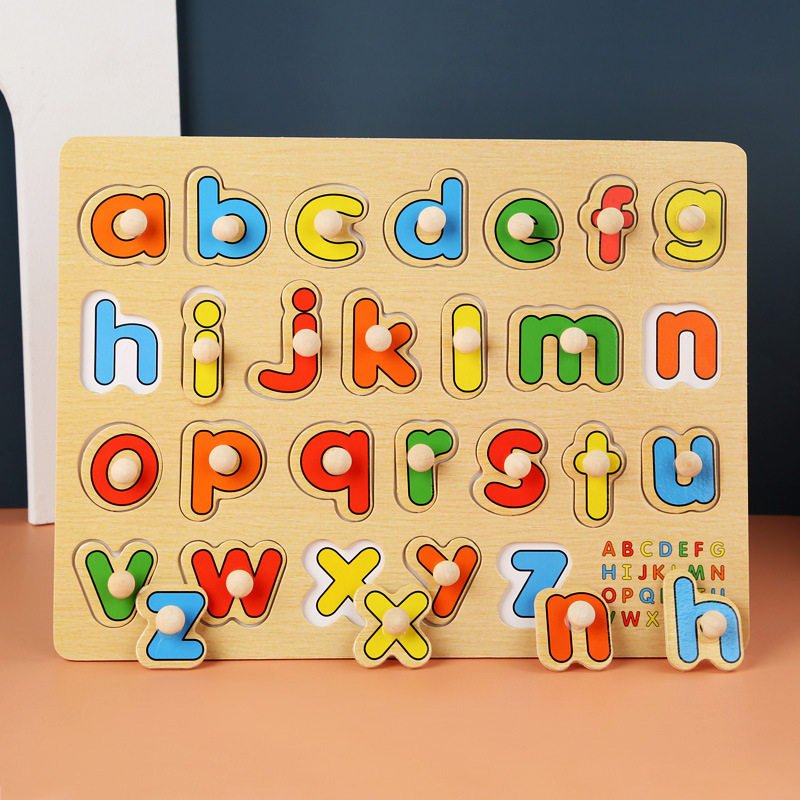 A colorful non-toxic lowercase wooden alphabet peg puzzle for toddlers, representing safe educational toys for kids available at online toy shop bd